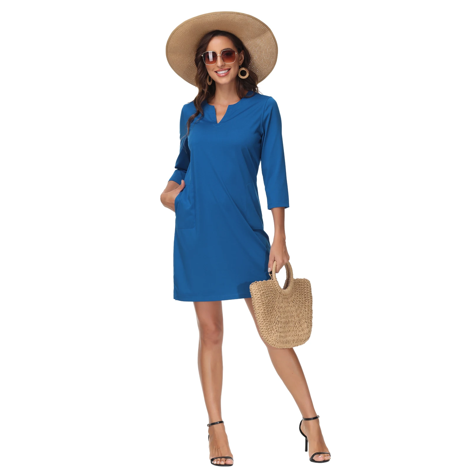 Lightbare Women’s 3/4 Sleeve Dress with Pockets UPF 50+ Casual Sun Dress Breathable Quick Dry for Beach Hiking Outdoors