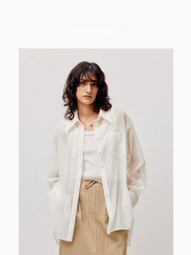 

LIYIHAN Qingyue 2026 Summer New Style Commute Cotton Lace White Women's Shirt Loose Outerwear Versatile Embroidered Long Sleeve