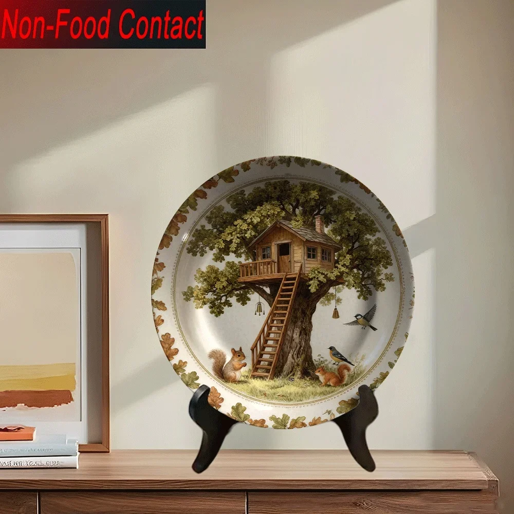 2D Flat, 1pc Ceramic Decorative Plate, Non-Food Contact, Tree House Squirrel Bird Pattern Home Desktop Art Ornament for Living