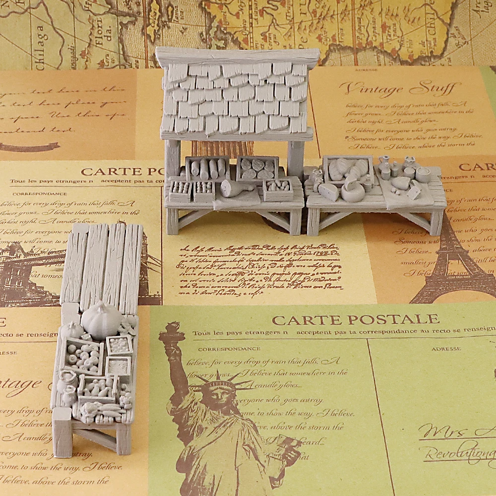 Market Stall Terrain Set Tabletop Fantasy RPG Wargame Scenery Miniature Market Stalls Unpainted Terrain Accessories