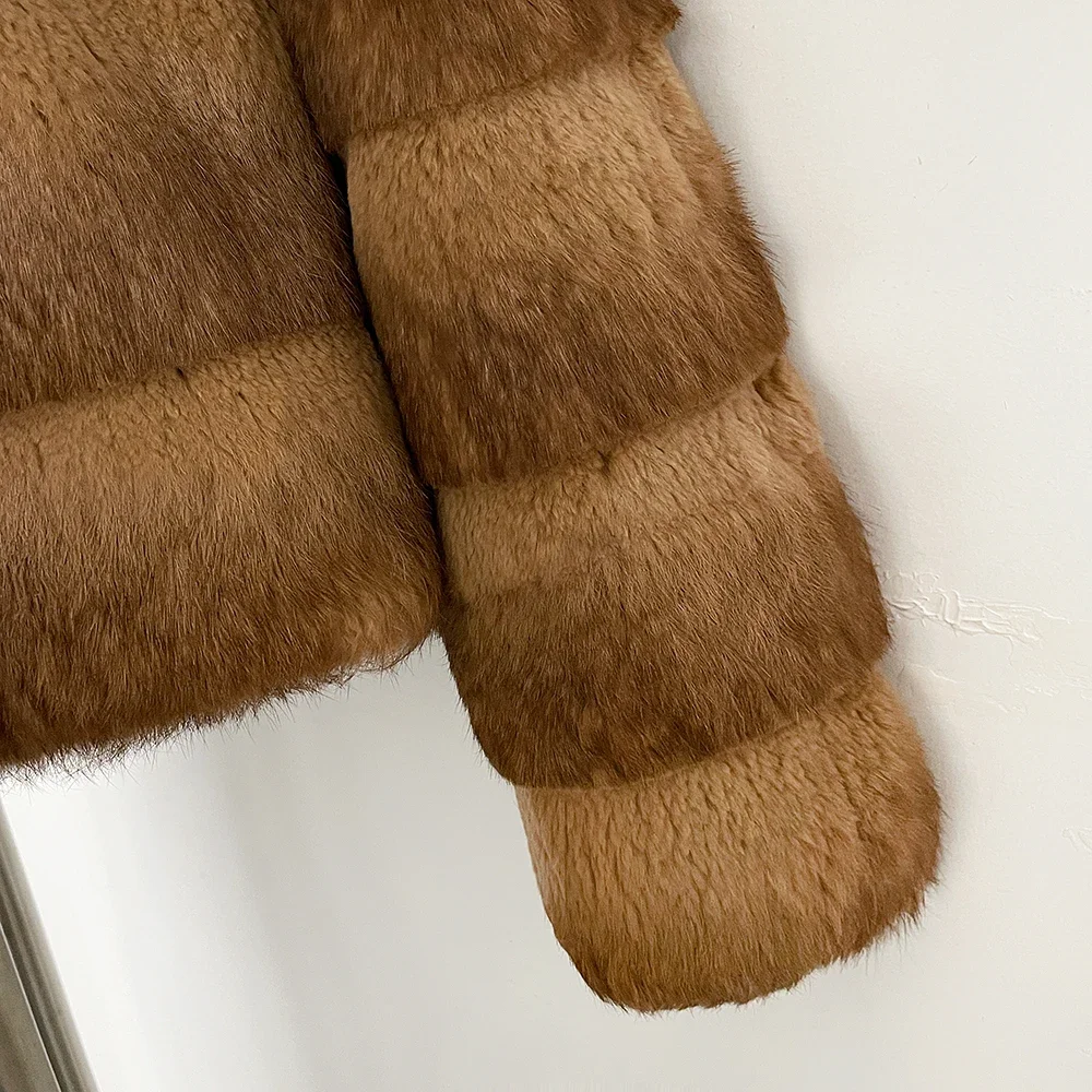OFTBUY Jacke mit Stehkragen und horizontalen Streifen aus natürlichem Kaninchenfell, kurze Damen-Winterjacke, echter Kaninchenfellmantel für Damen – Detail 8