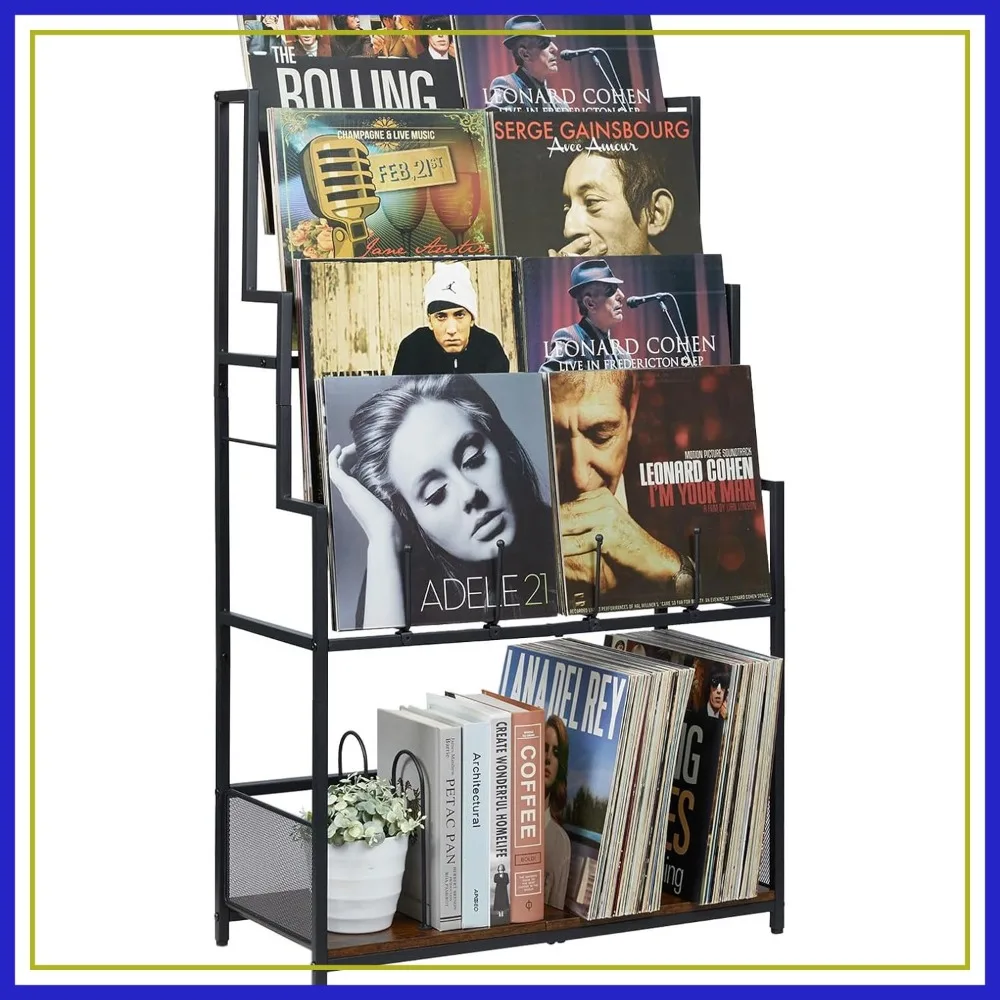 5-Tier Vinyl Record Storage Stand with Display Shelf, Holds 150-280 Albums, Metal Frame, for LP, CD, DVD, Magazine, Books