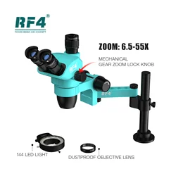 RF4 6.5-55X przekładnia mechaniczna pokrętło blokady zoomu 360 ° regulowane ramię wahadłowe uniwersalne radio RF-27PRO1 mikroskopu trójokularowego