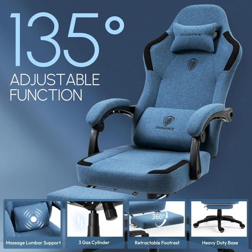 كرسي ألعاب مع وسادة زنبركية للجيب، كرسي كمبيوتر مسامي، دعم قطني للتدليك، مسند للقدمين، تصميم مريح عالي الظهر