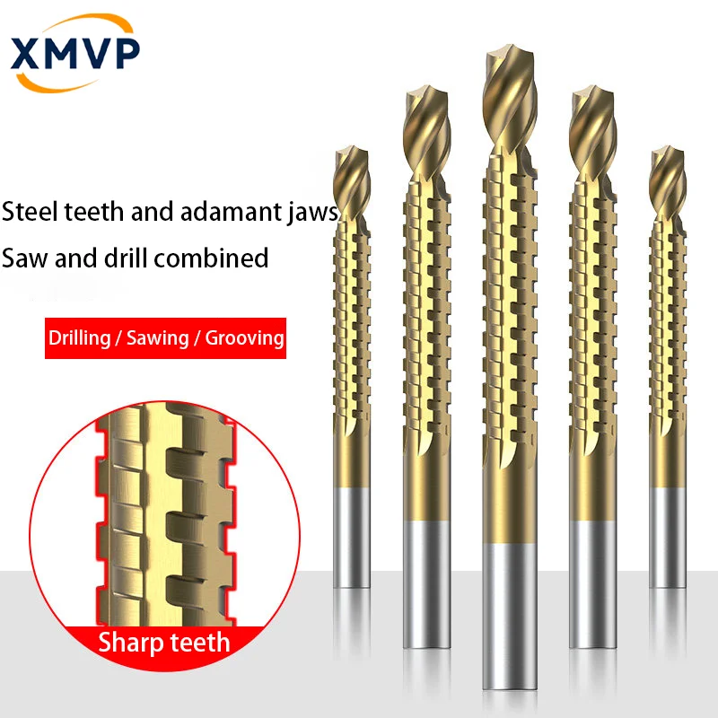 

Serrated twist drill for creating patterns in wood, multi-functional slotting hand drill with saw function, integrated saw and d