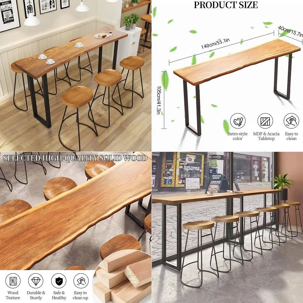

Bar Table, Solid Wood Long Bar Height Table Industrial High Top Bar Tables with Black Metal Frame Outdoor Counter Height Pub Ta