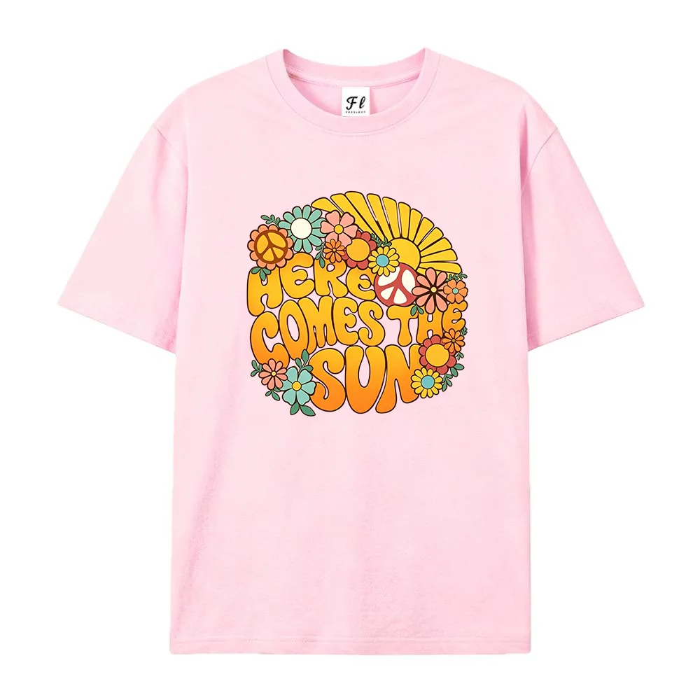 Women Retro Groovy Sunshine Floral Graphic Print Short Sleeve T Shirt Crew Neck Casual Summer Top Hippie Streetwear Clothing