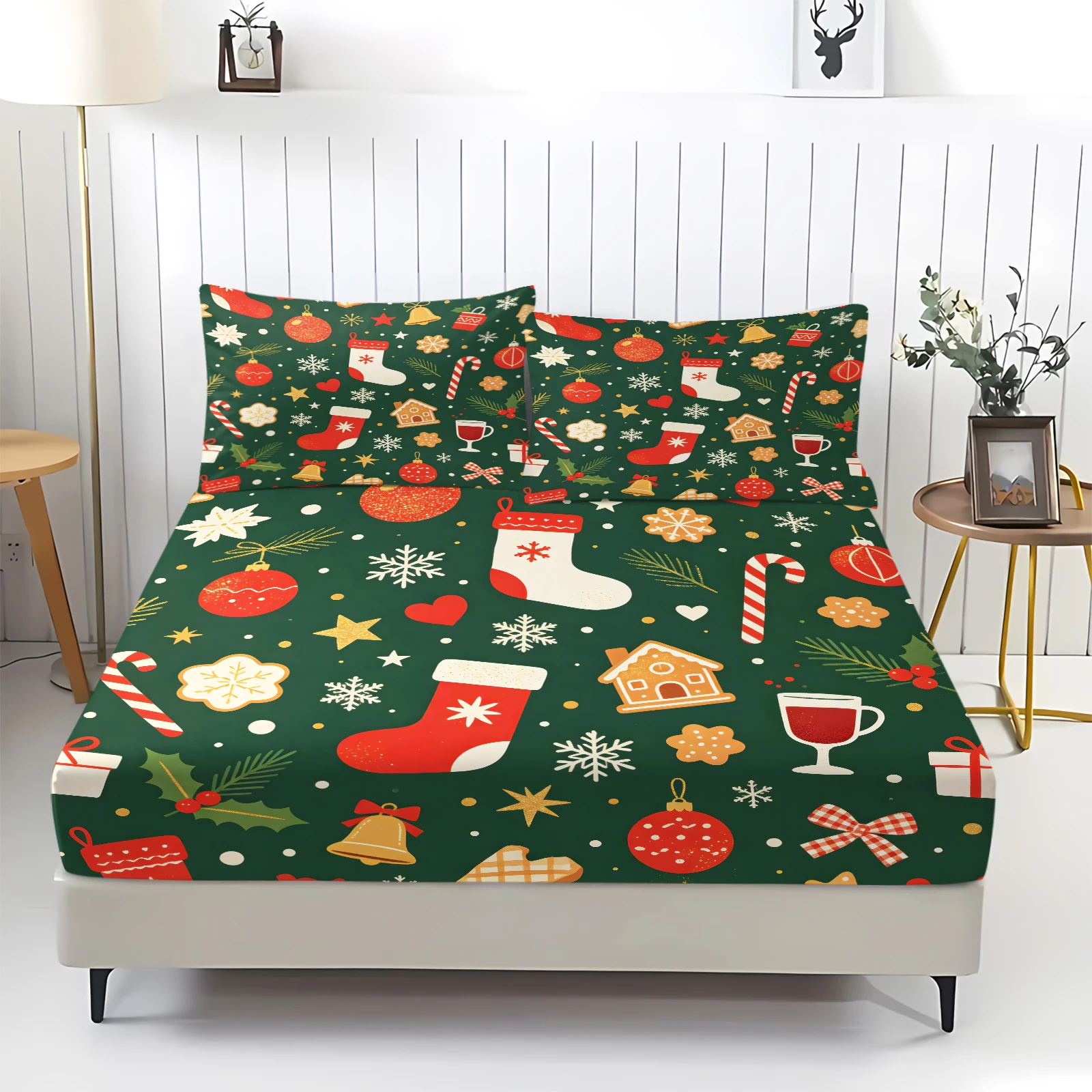 Holiday Christmas Fitted Sheet Set Xmas Stocking Snowflake Gingerbread Pattern Elastic Mattress Cover Bedding with Pillowcases