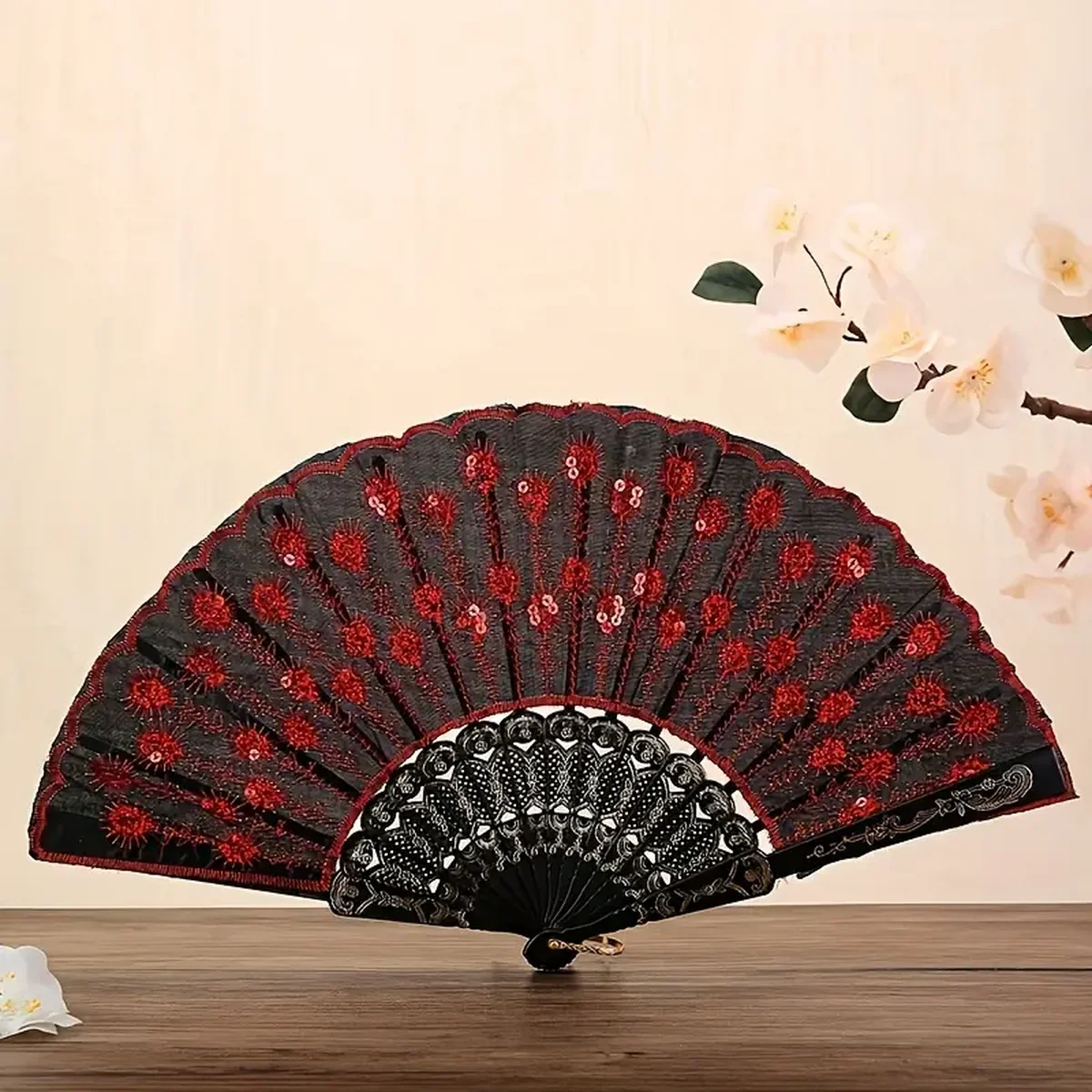 Vintage Sequin Fabric Folding Fan with Embroidery Lace, Embroidery Wing Chun Fan - Stage Performance and Dance Props for Women