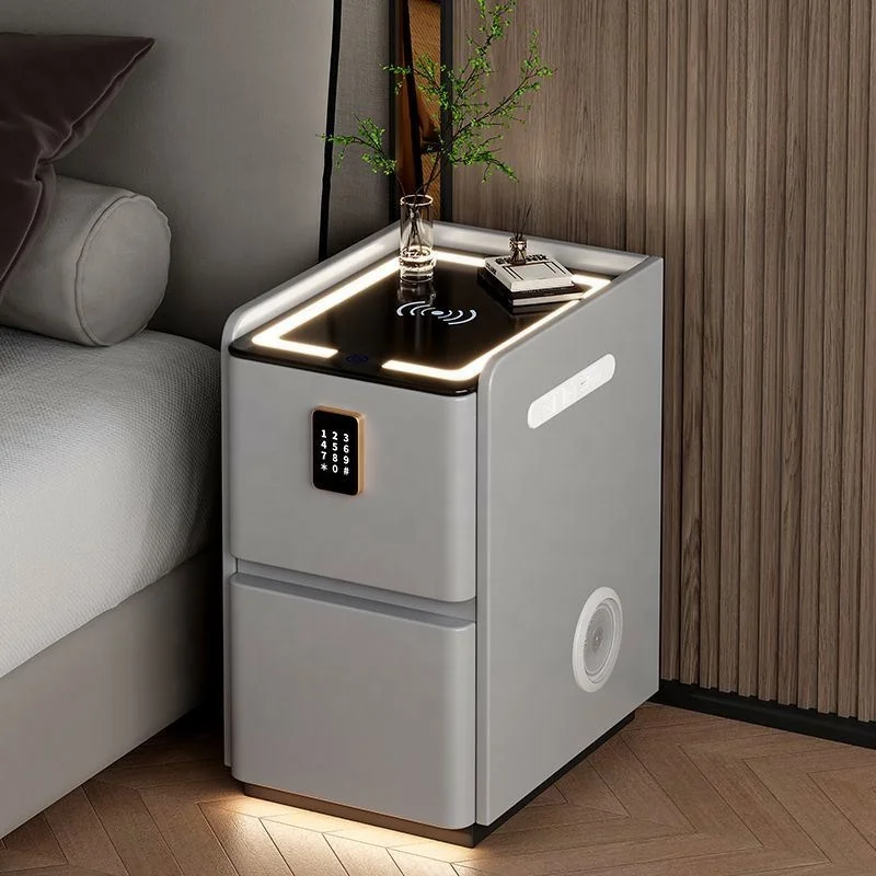 Wholesale Custom Luxury Wireless Charging Smart Bedside Table Bluetooth Audio USB Night Stands LED Lamp with Coded Lock