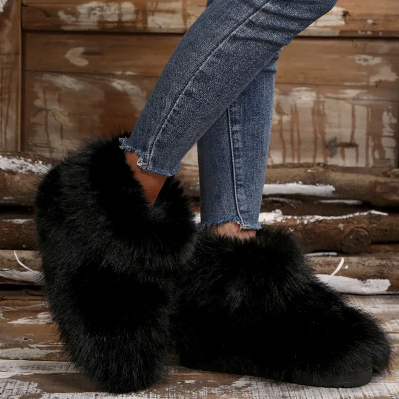 Inverno donna Fluffy Faux Fox Fur Boots donna peluche stivali da neve caldi calzature di lusso ragazze Furry Fur Bottes Fashion Winter Shoe