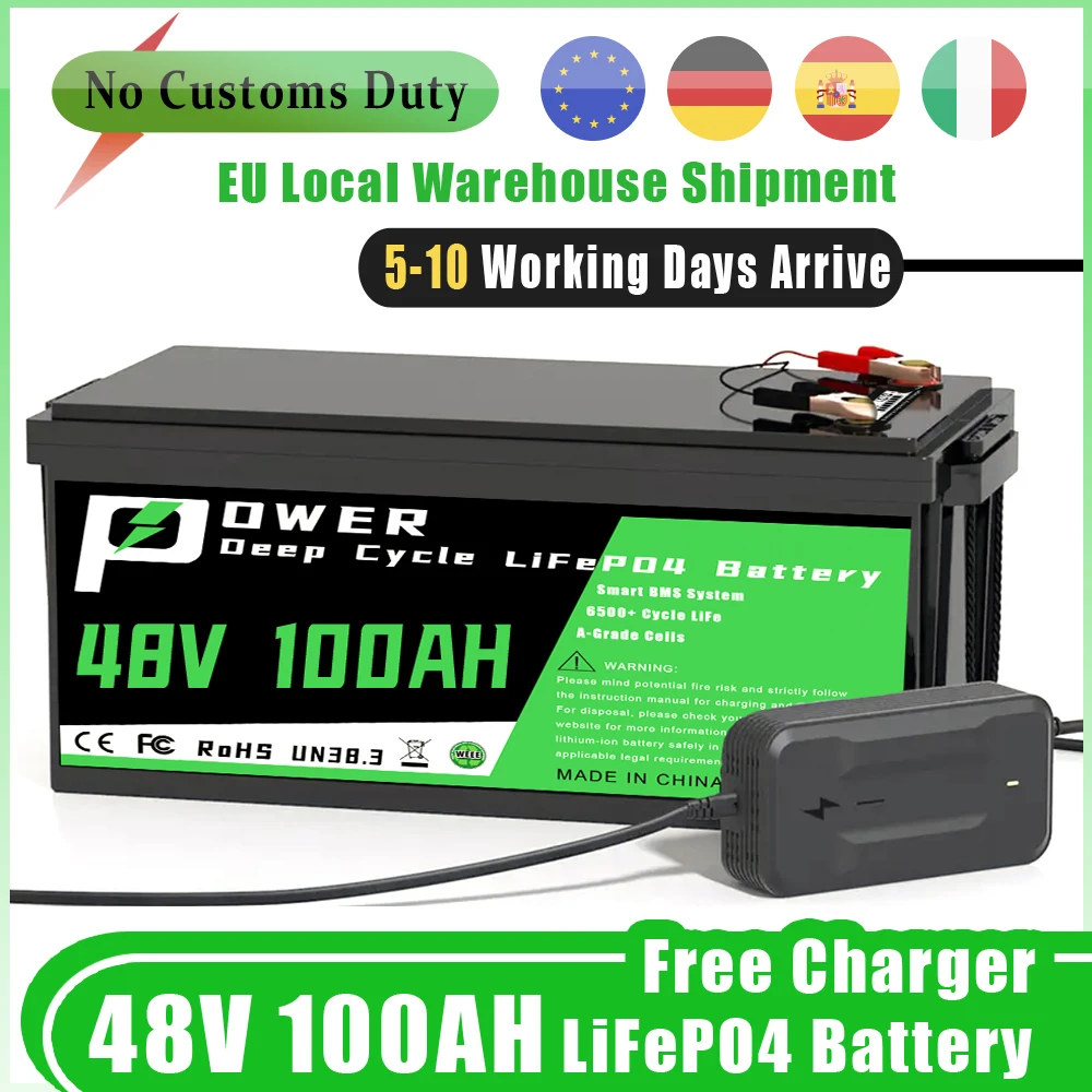 

48V 100Ah LiFePO4 Battery 51.2V Lithium Iron Phosphate Built-in 100A BMS 58.4V Charger For Solar Household Storage Golf Cart