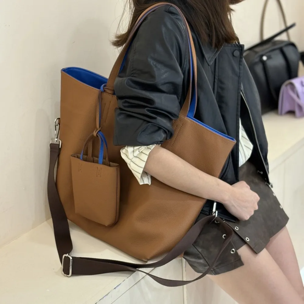 

Популярная двусторонняя сумка-тоут из воловьей кожи контрастных цветов, вместительная сумка для покупок, универсальная сумка для поездок на работу, сумка через плечо