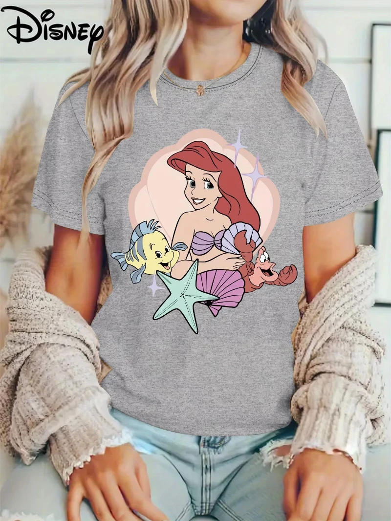 ديزني المرأة ارييل ليتل ميرميد نمط تي شيرت حيوية قصيرة الأكمام جولة الرقبة عارضة مريحة الساخن بيع الكرتون تيز