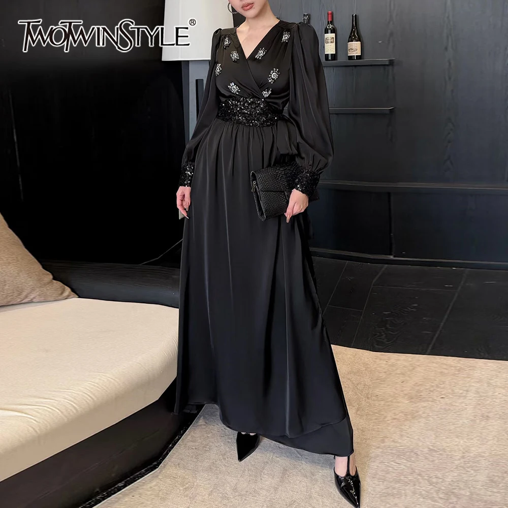 

TWOTWINSTYLE Однотонное облегающее платье с пайетками для женщин, с V-образным вырезом, длинными рукавами, в стиле пэчворк, с бриллиантовыми вставками, модное новое женское платье