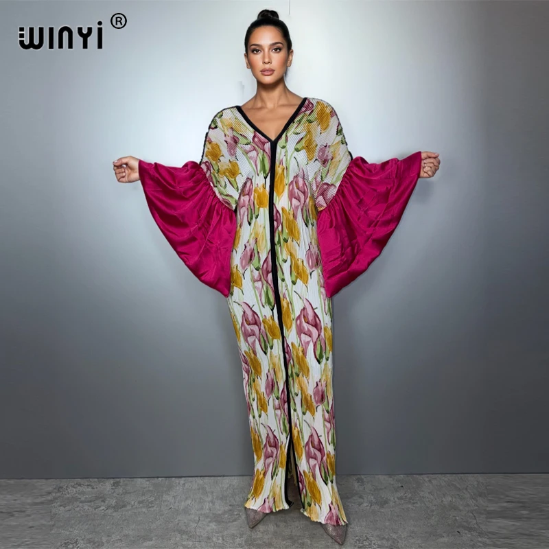 WINYI Geplooide elastische slanke jurk casual beach cover up moslim vrouw kaftan abaya dubai luxe lange down boho avondjurk