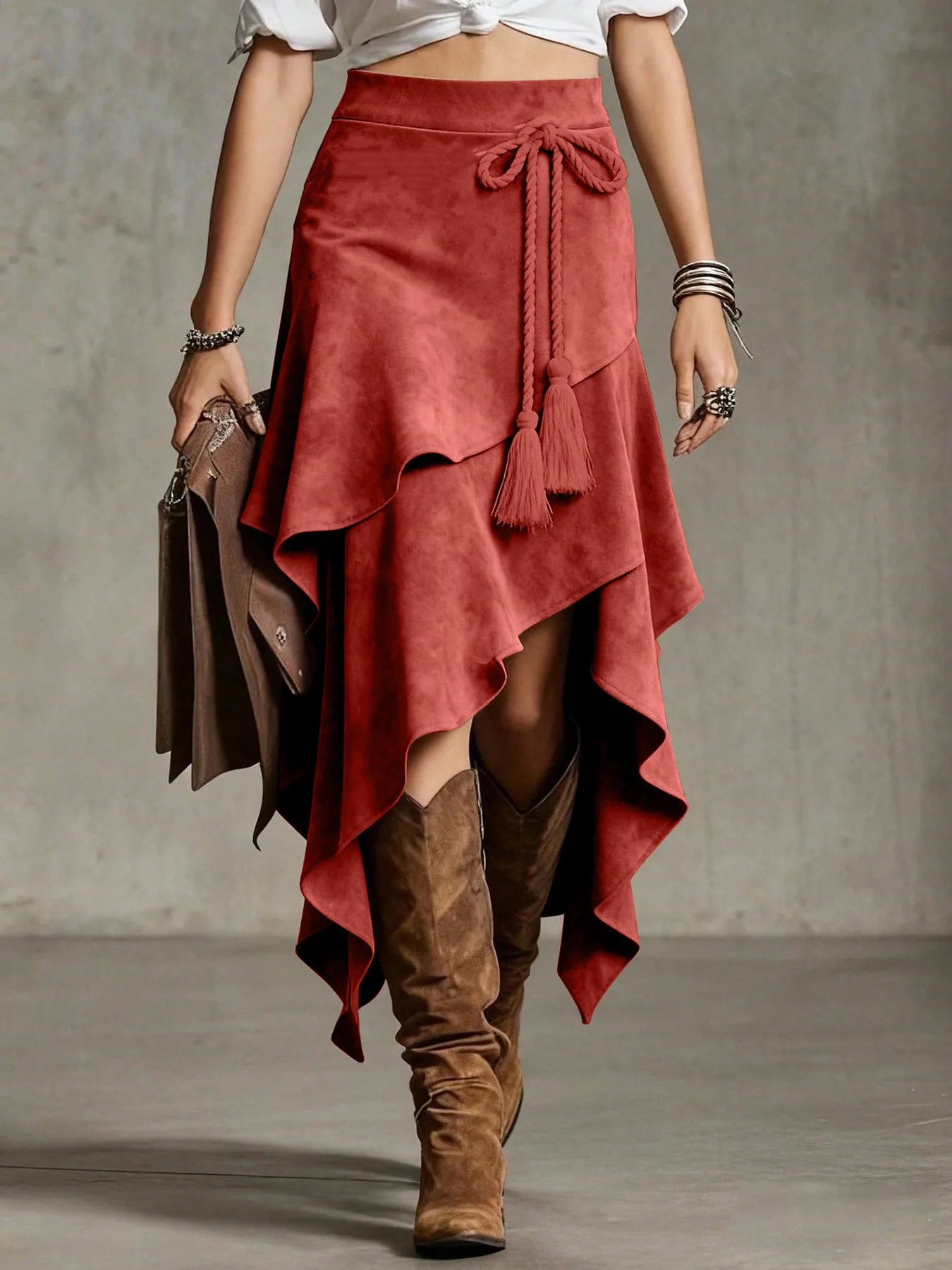 Damen-Retro-Wildlederrock im Western-Stil, Europäische Größe, Einfarbig, Unregelmäßiger Halbrock für Freizeitkleidung – Detail 13
