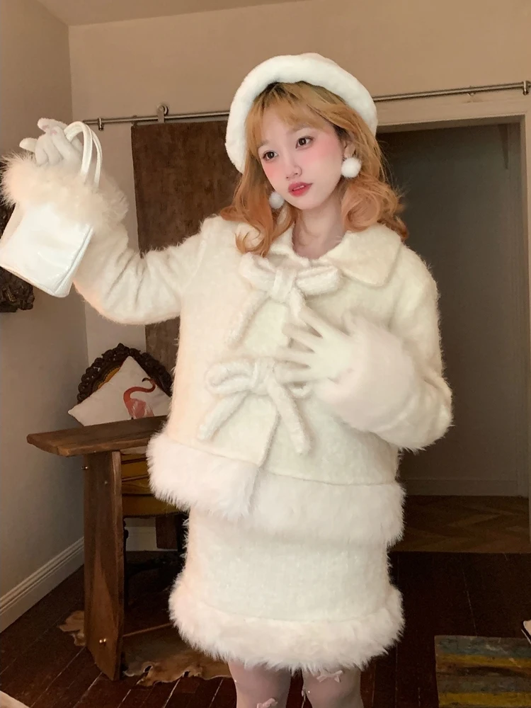 

Autumn Winter Woolen Coat And High Waist Short Skirt Set for Women with Knot Design Fashionable And Luxury Feel
