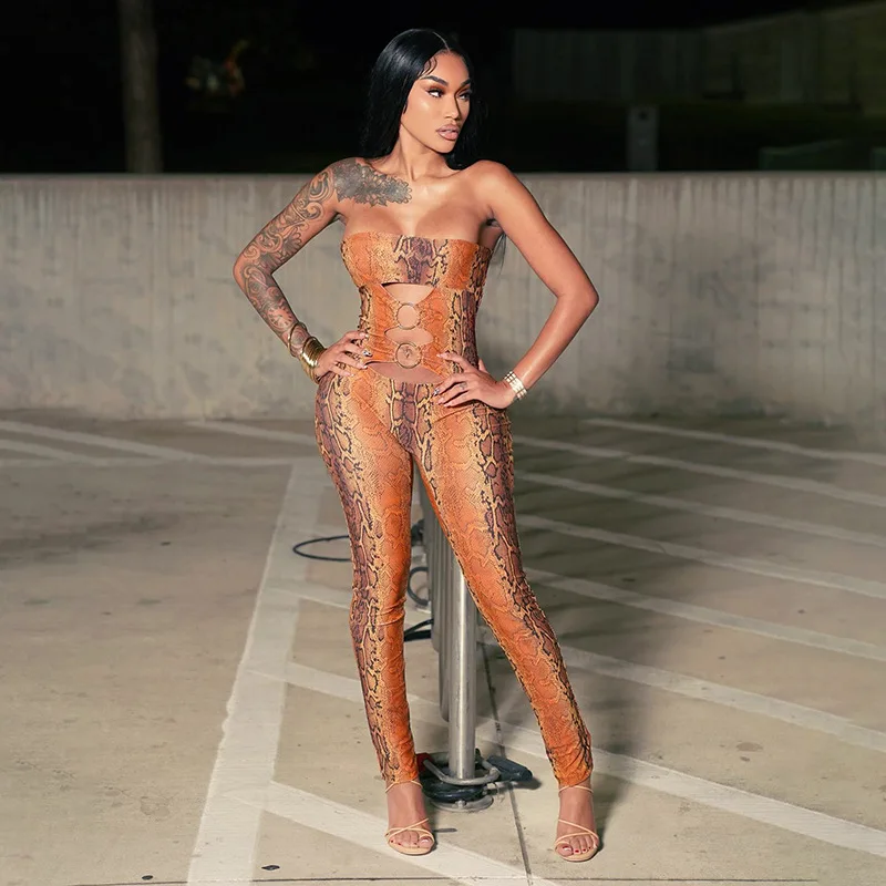 Metal Rings Hollow Out Serpentine Print Strapless Jumpsuits Women Sexy Backless Booty Lifting Slim Fit Skinny Overalls Clubwear