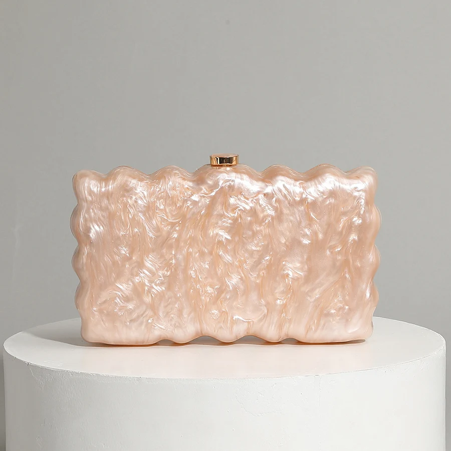 

Fashion Women’s Glamorous Novelty Wave-like Clutch Solid Color Acrylic Long Chain Evening Bag Party Dinner Banquet Handbags Sac