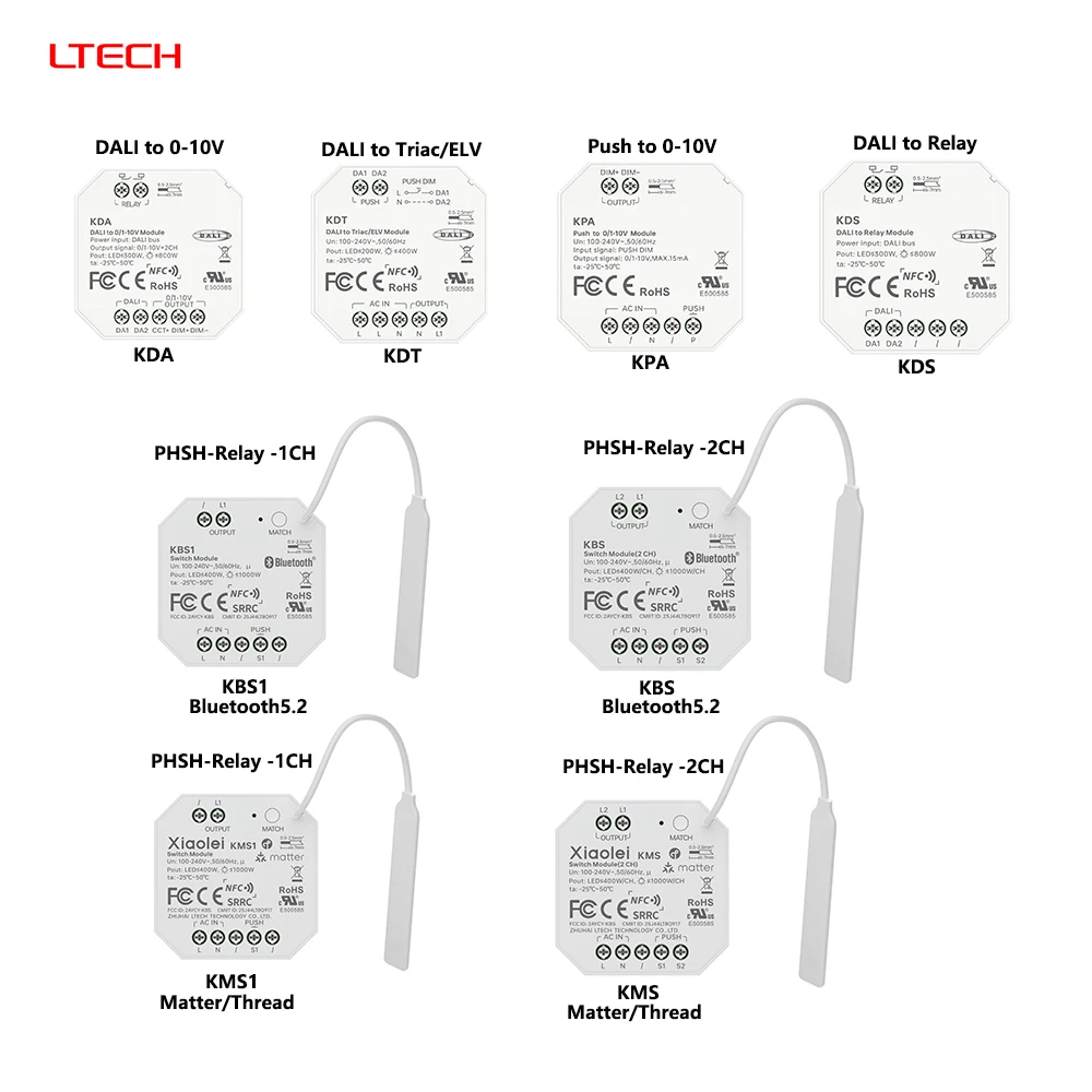 LTECH KDT Bluetooth PHSH/DALI-Relay Matter/Thread DALI/Push to Triiac/ELV/0-10V DALI-2 DT6 NFC Light APP Smart PUSH Dim Module