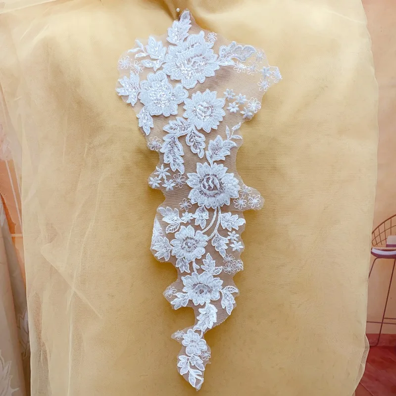 1 pair/lot White Lace Applique Transparent Sequins Beads Trim Embroidery Sewing Accessories Set
