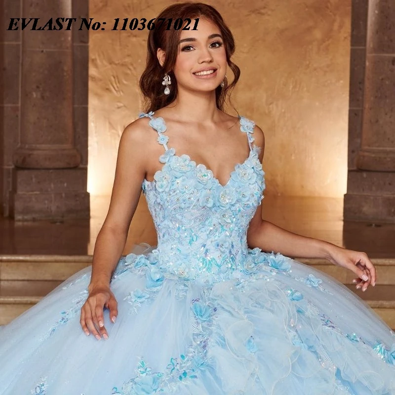 EVLAST Customized Blue Quinceanera Dress Ball Gown 3D Floral Applique Beading Tiered With Cape Sweet 16 Vestidos De 15 Anos SQ59