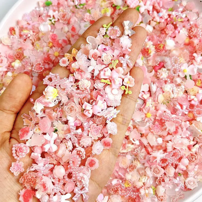 Random Mixed Sweet Pink Bow Nail Charms 3D Resin Pink  Rose Flower Nail Art Decorations Accessories for DIY Cream Glue Crafts