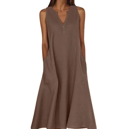 Imagen 1 del producto Vestido largo sin mangas de Color sólido con botones y cuello en V informal de verano para mujer con bolsillos vestidos sueltos informales elegantes a la moda para mujer