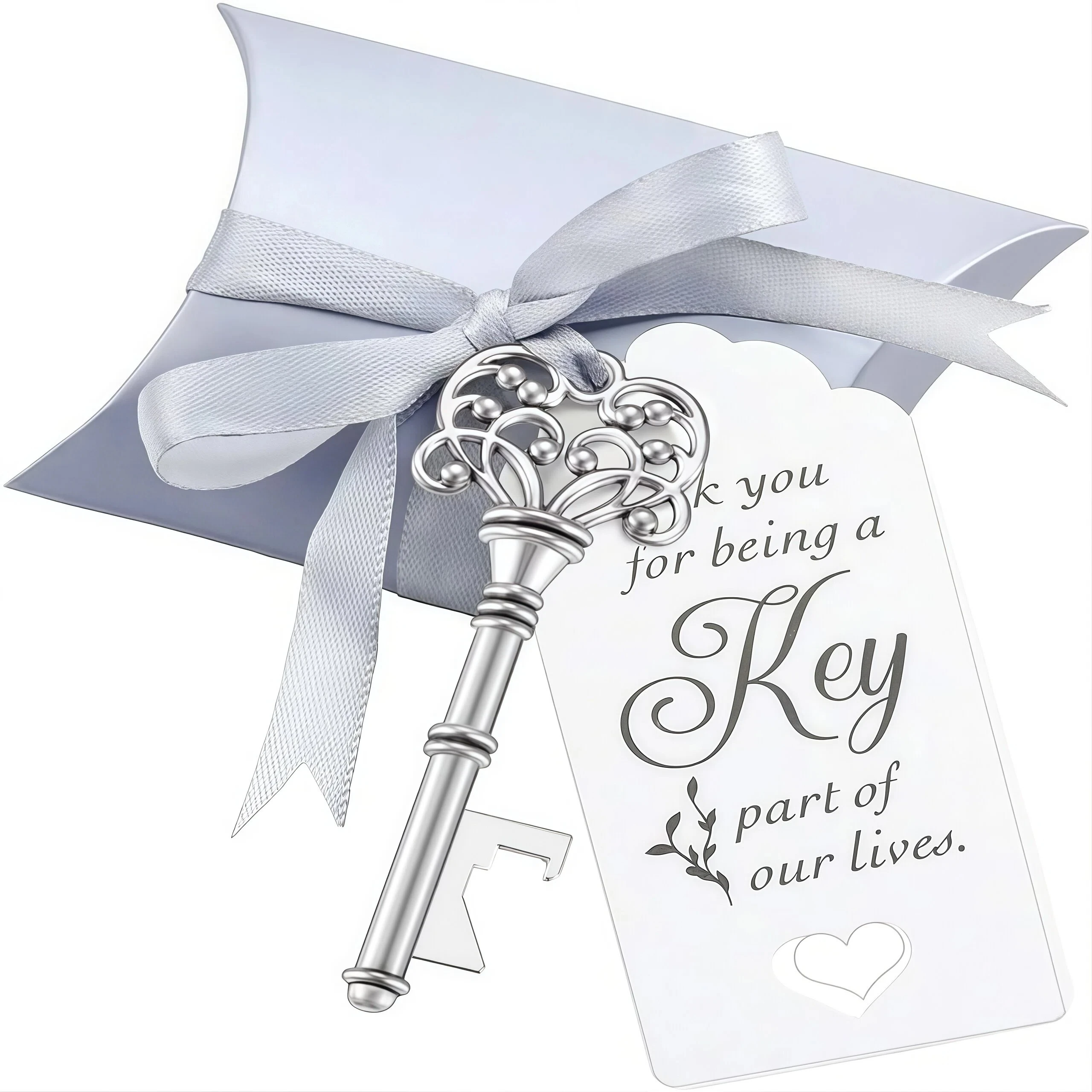 Lot de 10 ouvre-bouteilles clés argentées, cadeaux pour invités de mariage avec boîtes à coussinets et étiquettes de remerciement