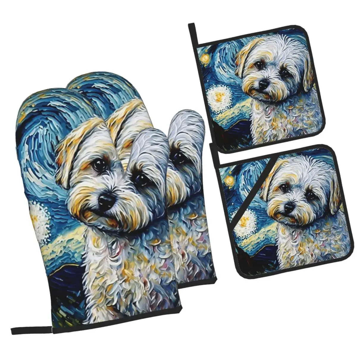 

Мальтийский терьер, щенки, звездная ночь, наборы из 4 нескользящих перчаток для выпечки, приготовления пищи, барбекю, устойчивых к нескользящих перчаток