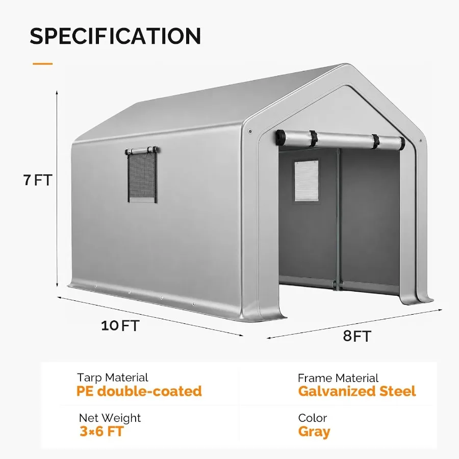Outdoor Storage Shelter Shed For Motorcycle And Garden Tools, Heavy Duty Portable Garage With Roll-up Zipper Door, Waterproof A