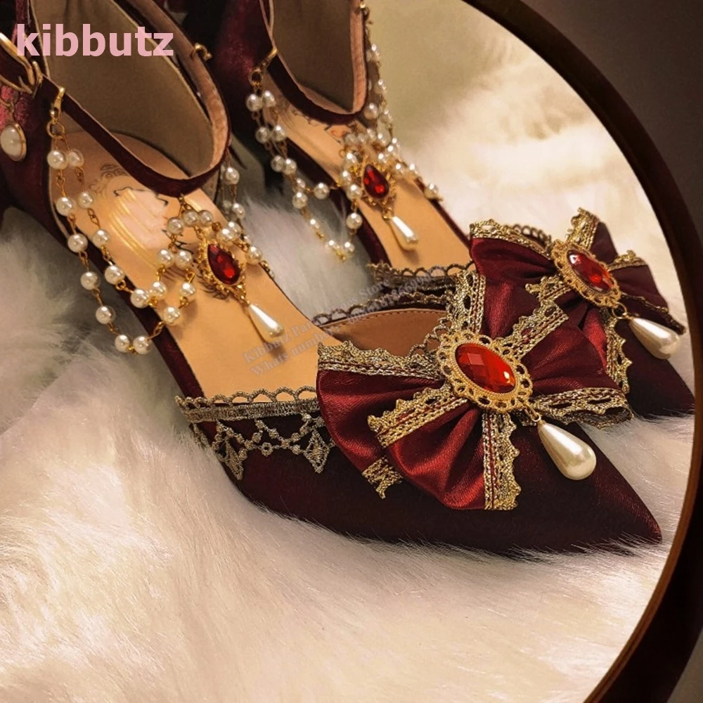 Crystal Bows Pearl Pumps Velvet Pointed Toe Thin Heels Chain Rhinestone Solid Color Fashion Elegant Luxury Sexy Women Shoes New