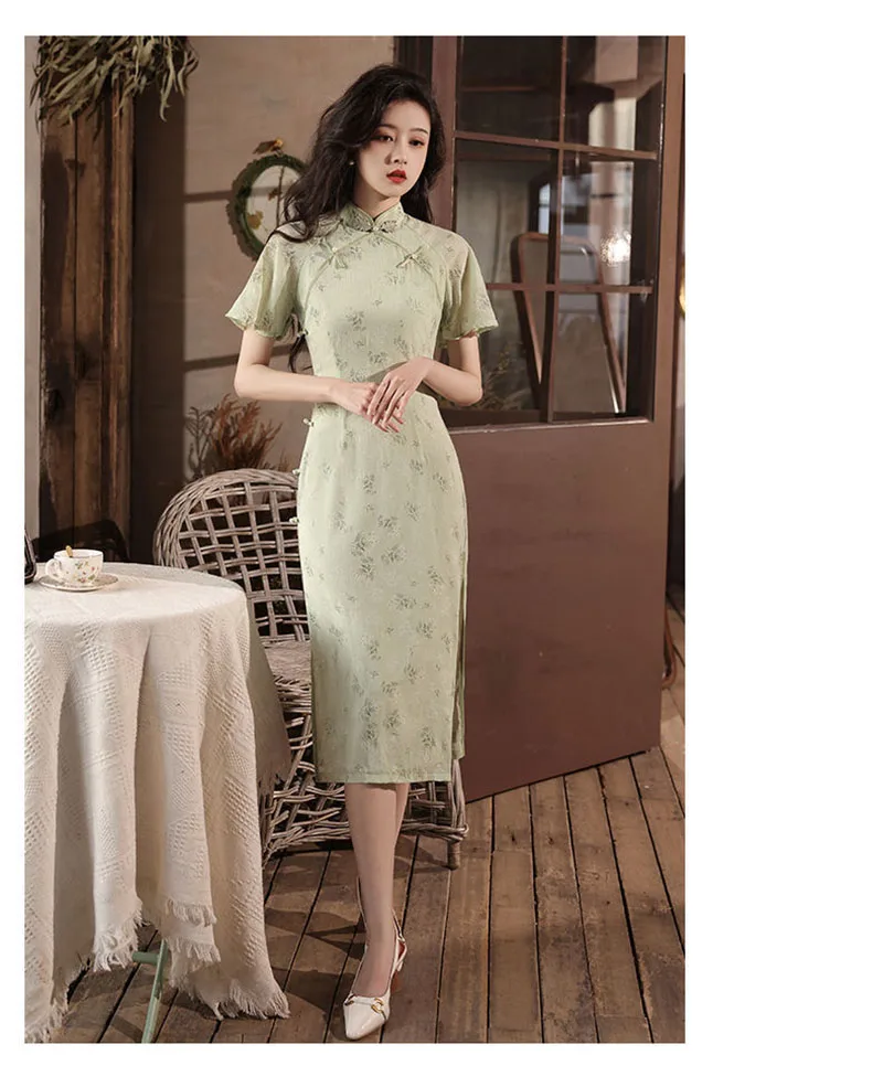 Light Green Cheongsam Vintage Loose Sleeve Chinese Traditional Dress Slim Female Women Long Qipao S To 2XL