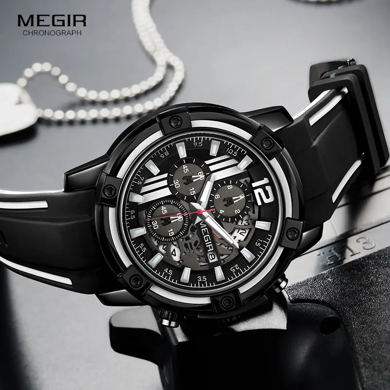 Megir Men\'s Sports Quartz Watches Army Military Chronograph Wristwatch for Man Luminous Relogios Masculino Clock  2097 Black Red