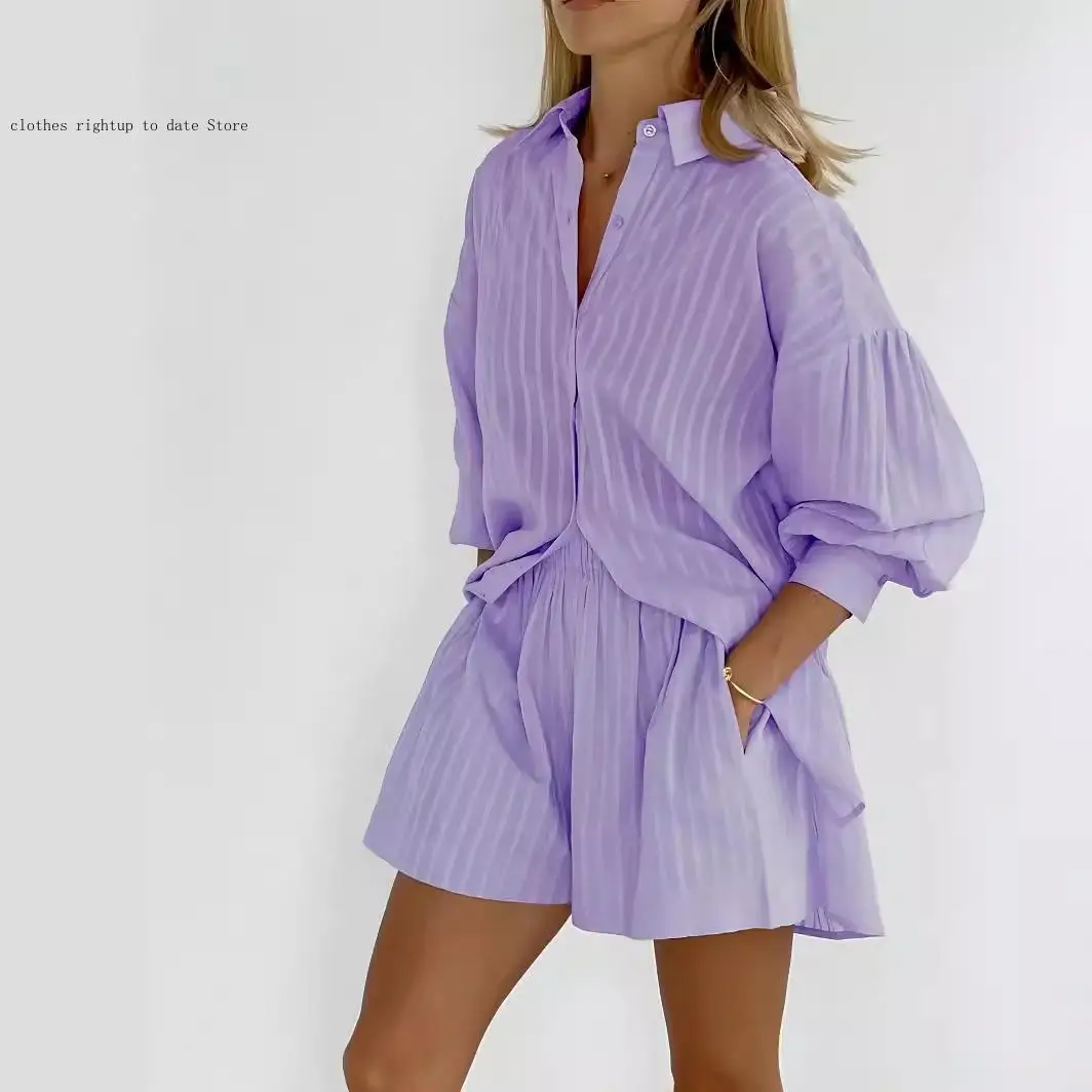 European and American Style Shirt Jacquard Autumn and Winter Women's Striped Bubble Sleeve Shorts Commuting Design Casual Suit