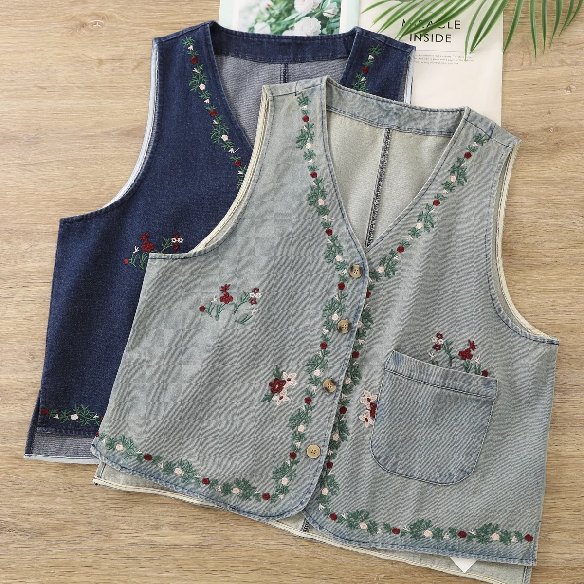 المرأة خمر الدنيم صدرية معطف رعاة البقر الكرتون زهرة التطريز الخامس الرقبة شيك نمط Preppy سترات جاكيت بلا إكمام