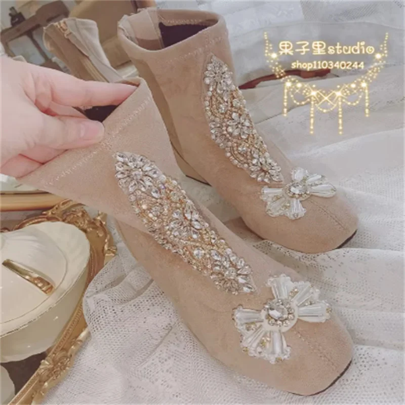 Luxury diamond-encrusted beaded gemstone stretch ankle boots handmade custom ladies party banquet naked boots single boot 35-39