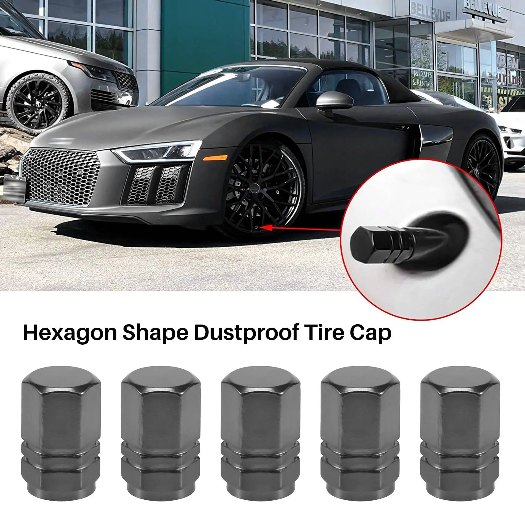 CMCN 8 ชิ้นยาง Stem Valve Caps วาล์วล้อครอบคลุมรถกันฝุ่นหมวกยาง, รูปทรงหกเหลี่ยมไทเทเนียมสีเทา