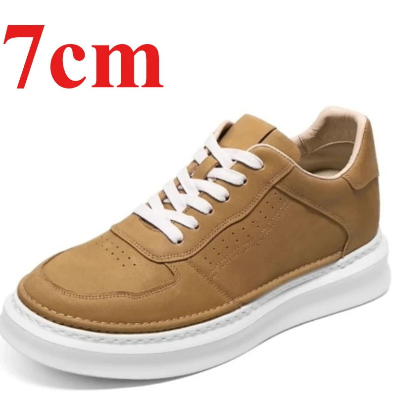 

Мужские уличные кроссовки для увеличения роста на 7 см, модные спортивные повседневные кеды из натуральной кожи, коричневые, на платформе