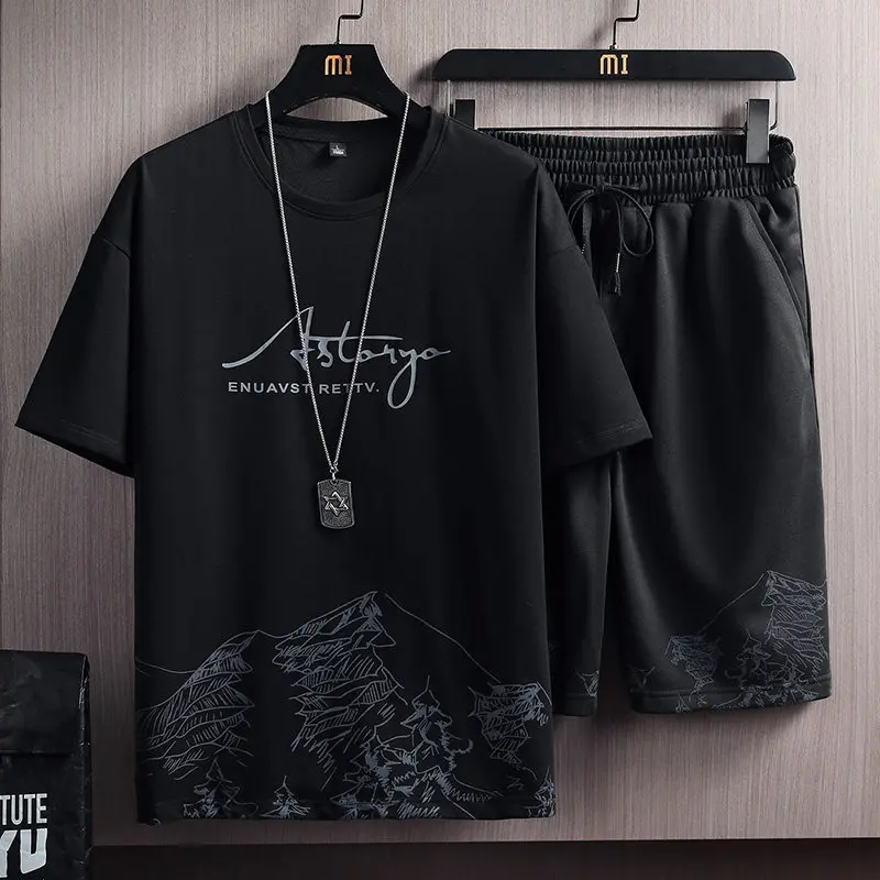 Cool Sensation Men's Ice Silk Sports Set Summer Thin round Neck Printed Short Sleeve T-Shirt Casual Shorts Two Piece Set Trendy