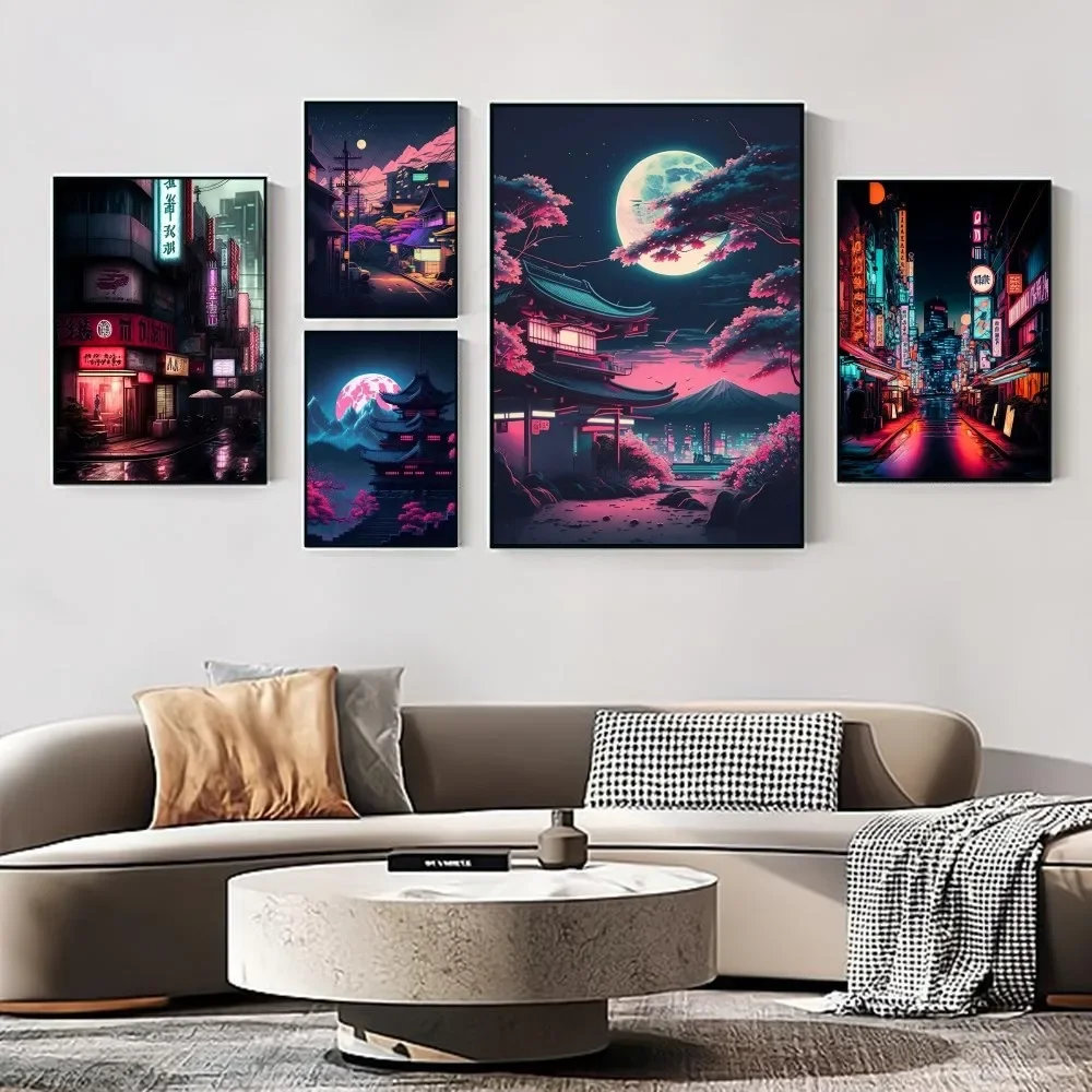 1pc Neon Vaporwave Japan Tokyo City Night Street 80s Poster Poster Stickers Home Decor Aesthetic Art Mural Room Decor Digital