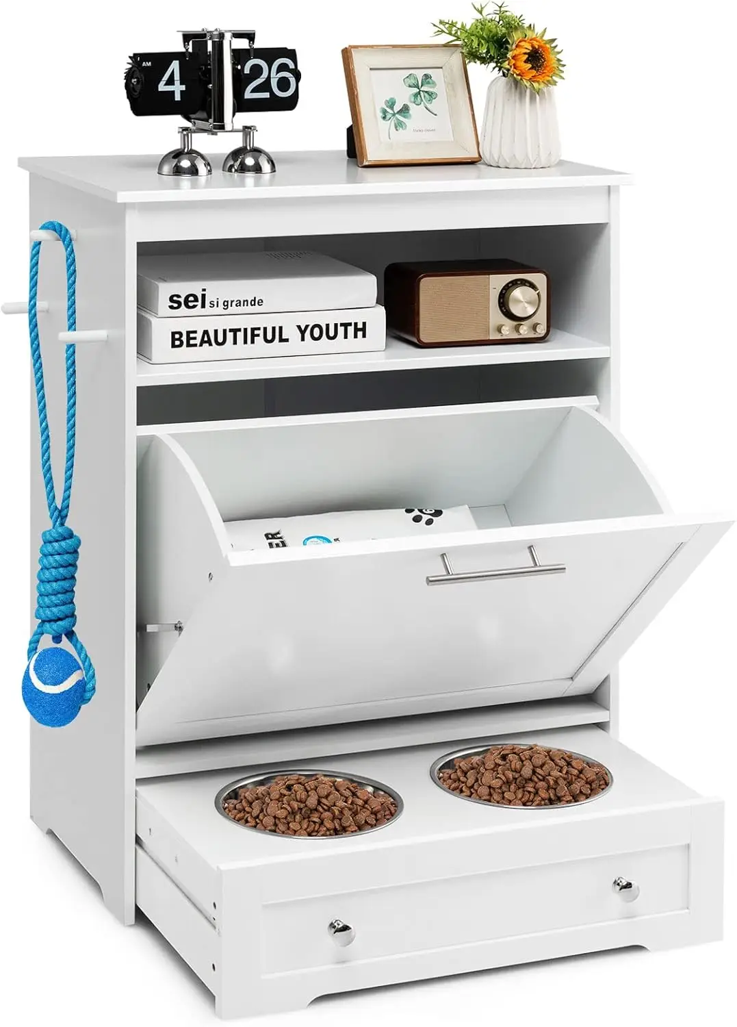 

Двойная выдвижная кормушка для животных с шкафчиком для хранения, мисками для еды и защитой от опрокидывания для собак и кошек, белая