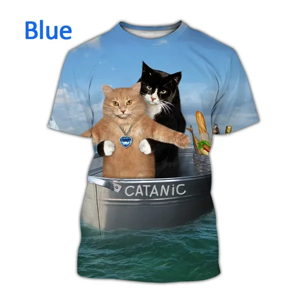 Camiseta unissex de gato gola redonda pulôver estilo de rua engraçado, impressão 3D criativa casual animal fofo, moda verão