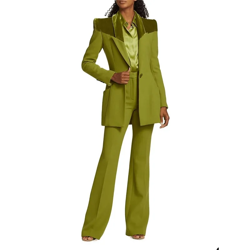 2 Pcs Green Women Suits Pant Set Blazer+Trousers Mother of Guest Stitching Velvet Wedding Tuxedo Party Jacket Custom Made