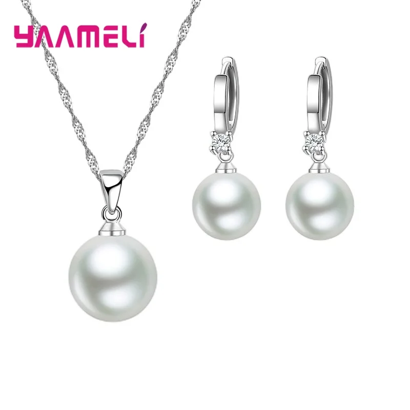 Mode 925 Sterling Silber Farbe Schmuck Set Süßwasser Perle Halsketten Ohrringe Für Frauen Mädchen Super Schönes Jahrestag Geschenk