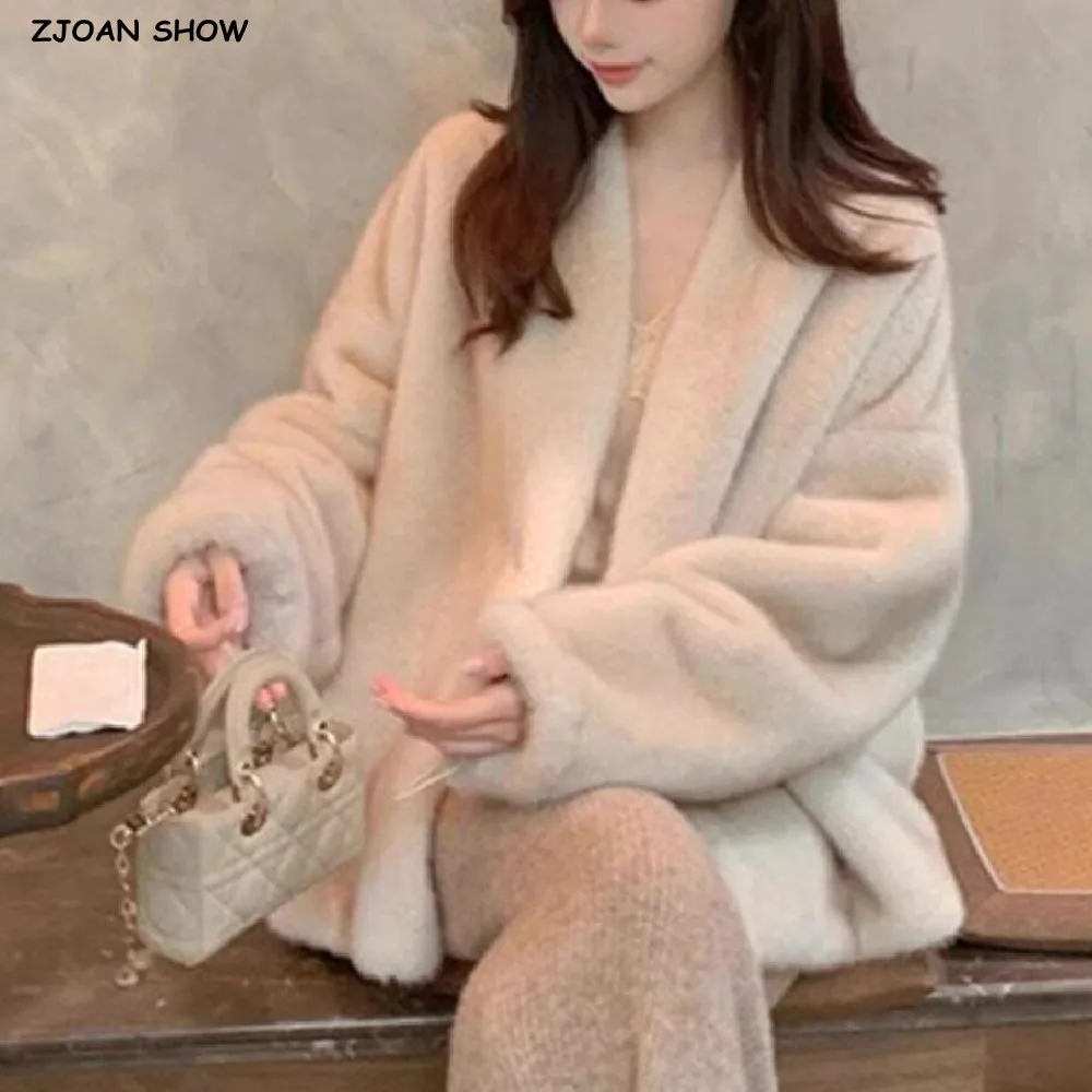 

2024 CHILL Winter V Collar Hairy Shaggy Faux Fur Jacket Beige Vintage Open Stitching Soft Furry Coat Mid Long Oversize Outerwear