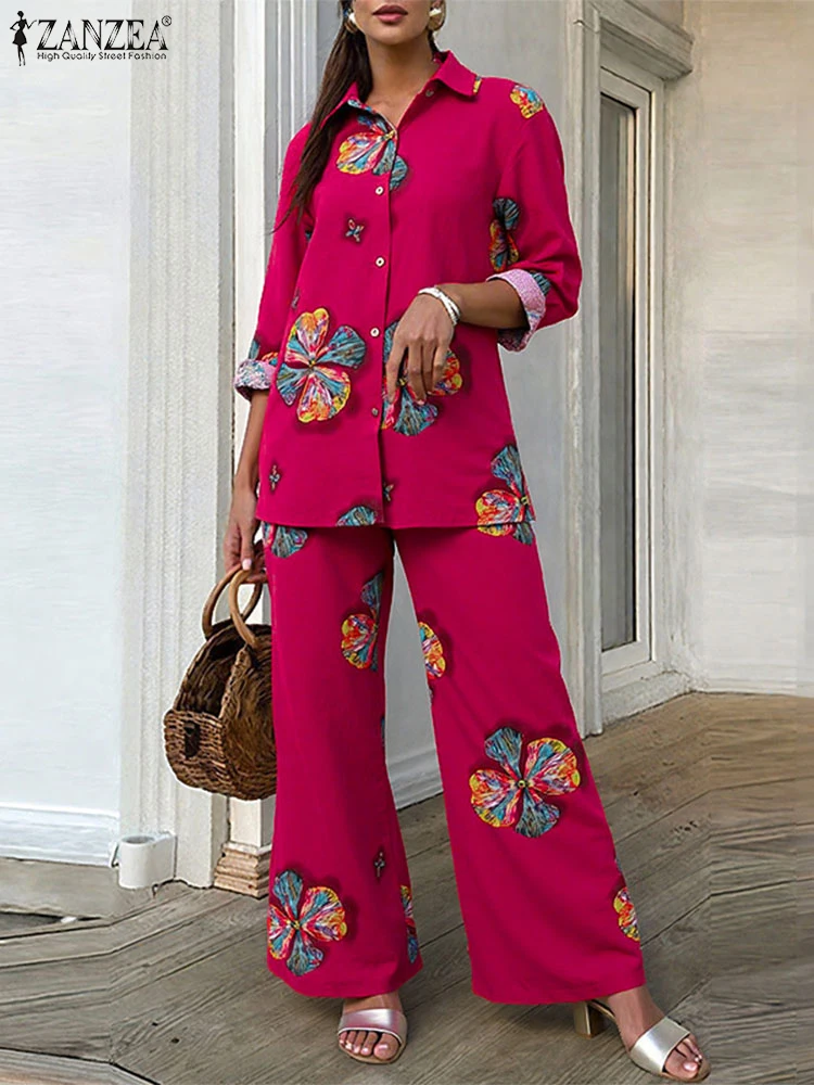 

ZANZEA Vintage 2PCS Floral Printed Pant Sets 2025 Women Long Sleeve Shirt and High Waist Wide Leg Pants Fashion Oversize Outfits