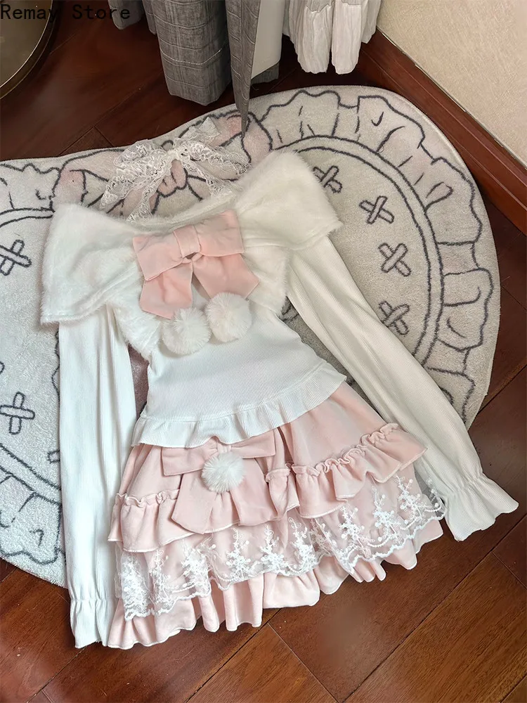 Lolita Winter Japanese Subculture Sweet 2 Pieces Set Women Cute Bow Y2k Sweater Tops + Cake Skirts Harajuku 2000s Party Outfits