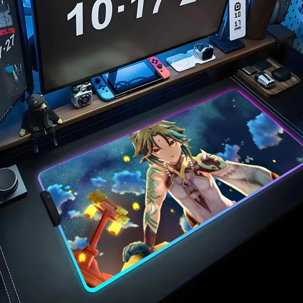 

Коврик для мыши Genshin Xiao RGB, игровой коврик для мыши с LED-подсветкой, большой светящийся коврик для ПК, настольный коврик для клавиатуры с подсветкой